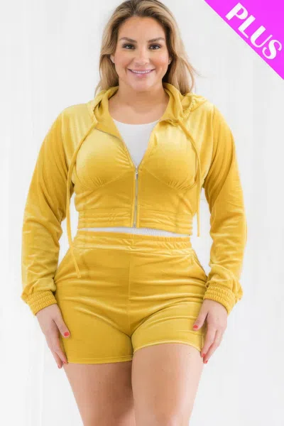 Fashnzfab Plus Size Velour Crop Zip Up Hoodie And Shorts Set In Yellow