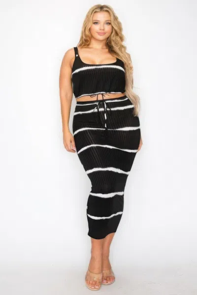 Fashnzfab Plus Sleeveless Tie Dye Stripe 2 Piece Skirt Set In Black