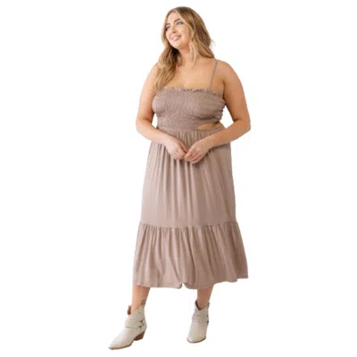 Fashnzfab Plus Smocked Cut-out Strappy Flare Hem Midi Dress In Brown