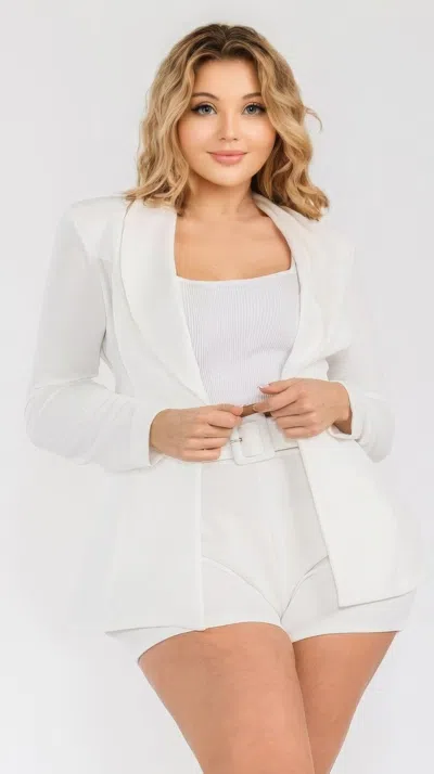 Fashnzfab Plus Solid Blazer 2 Piece Belted Short Set In White