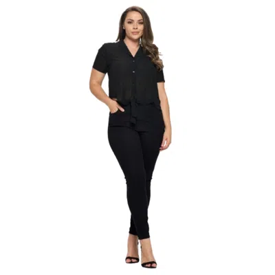 Fashnzfab Plus Solid Chiffon Button Down Tie Front Short Sleeve Top In Black