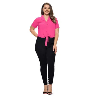 Fashnzfab Plus Solid Chiffon Button Down Tie Front Short Sleeve Top In Pink