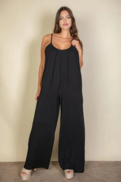 Fashnzfab Plus Spaghetti Strap Solid Wide Jumpsuit In Black