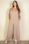 Fashnzfab Plus Spaghetti Strap Solid Wide Jumpsuit In Grey