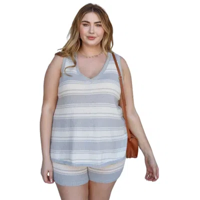 Fashnzfab Plus Stripe Knit Sleeveless Top & Short Set In Grey