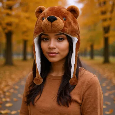 Fashnzfab Plush Bear Ear Flaps Winter Hat In Brown