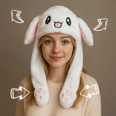Fashnzfab Plush Bunny Ear Flaps Winter Hat In White