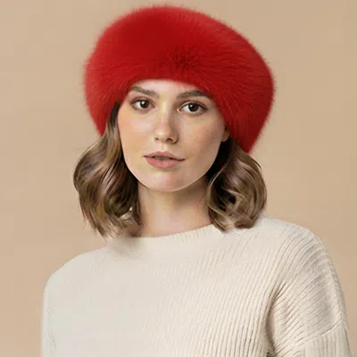 Fashnzfab Plush Faux Fur Round Winter Beret Hat In Red