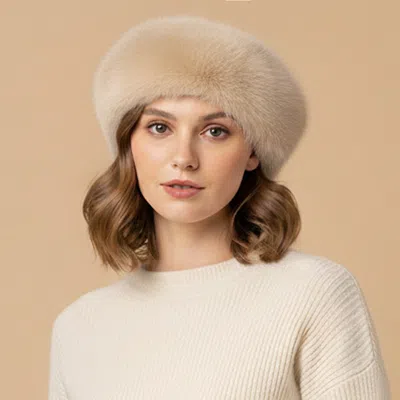 Fashnzfab Plush Faux Fur Round Winter Beret Hat In Sand