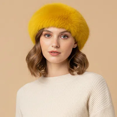 Fashnzfab Plush Faux Fur Round Winter Beret Hat In Yellow