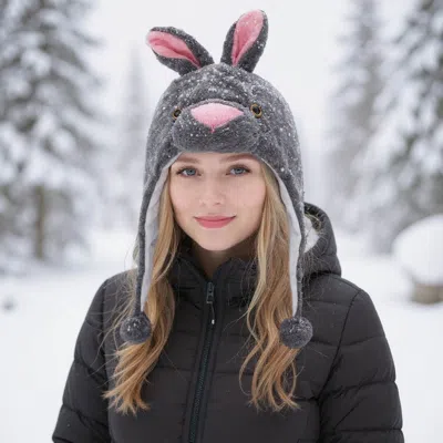Fashnzfab Plush Rabbit Ear Flaps Winter Hat In Gray