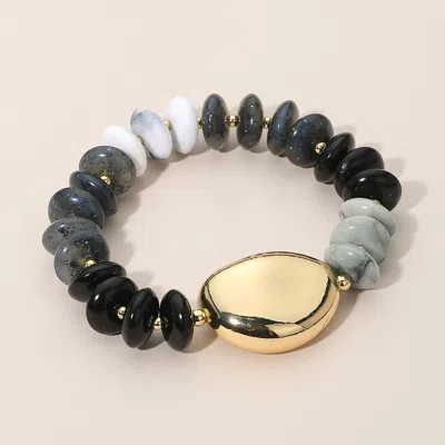 Fashnzfab Polished Metal Accent Resin Pebble Beaded Stretch Bracelet In Black