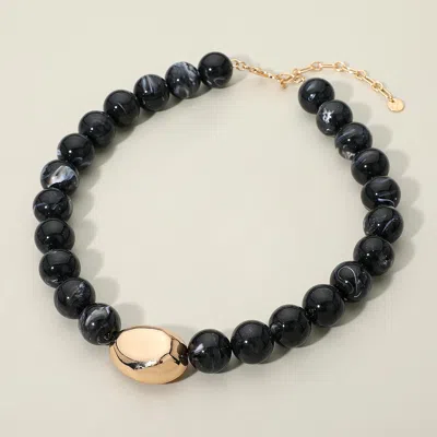 Fashnzfab Polished Metal Bean Accent Bold Marbled Ball Beaded Statement Necklace - Black
