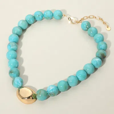 Fashnzfab Polished Metal Bean Accent Bold Marbled Ball Beaded Statement Necklace In Blue