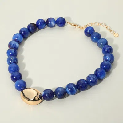 Fashnzfab Polished Metal Bean Accent Bold Marbled Ball Beaded Statement Necklace In Blue