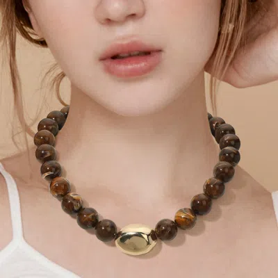 Fashnzfab Polished Metal Bean Accent Bold Marbled Ball Beaded Statement Necklace In Brown