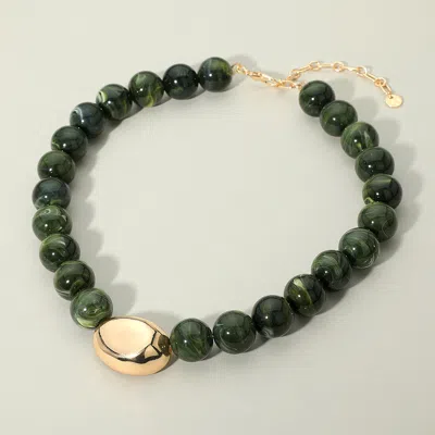 Fashnzfab Polished Metal Bean Accent Bold Marbled Ball Beaded Statement Necklace In Green