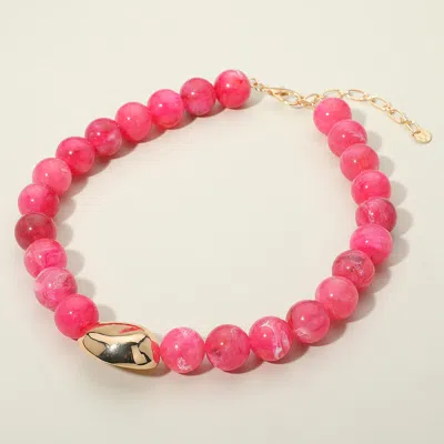 Fashnzfab Polished Metal Bean Accent Bold Marbled Ball Beaded Statement Necklace In Pink
