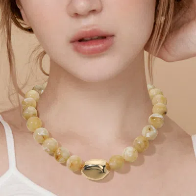 Fashnzfab Polished Metal Bean Accent Bold Marbled Ball Beaded Statement Necklace In Brown