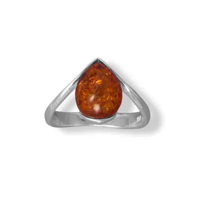 Fashnzfab Polished Sterling Silver "v" With Pear Baltic Amber Ring In Orange