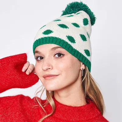Fashnzfab Polka Dot Pom Pom Beanie Hat In Green
