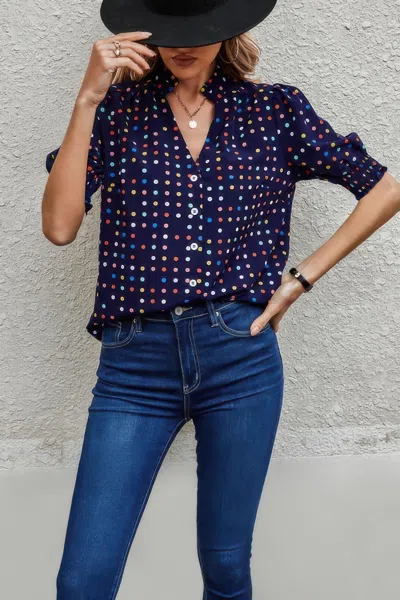 Fashnzfab Polka Dot Print Puff Sleeve Loose Shirt