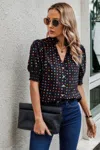 Fashnzfab Polka Dot Print Puff Sleeve Loose Shirt