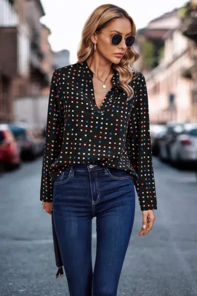 Fashnzfab Polka Dot Puff Sleeve Notched Neckline Blouse