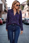 Fashnzfab Polka Dot Puff Sleeve Notched Neckline Blouse