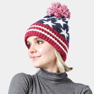 Fashnzfab Pom Pom American Usa Flag Knit Beanie Hat In Multi