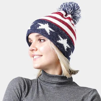 Fashnzfab Pom Pom American Usa Flag Knit Beanie Hat In Red