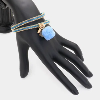 Fashnzfab Pom Pom Charm Faux Suede Wrap Magnetic Bracelet Blue
