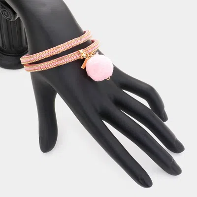 Fashnzfab Pom Pom Charm Faux Suede Wrap Magnetic Bracelet Pink