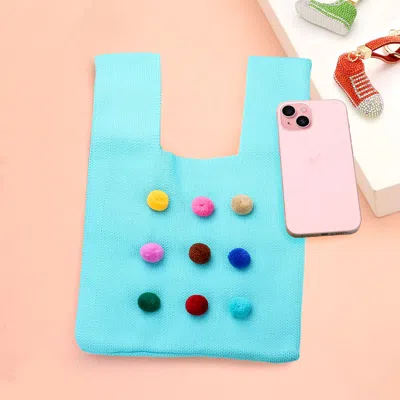 Fashnzfab Pom Pom Embellished Knit Tote Bag In Blue