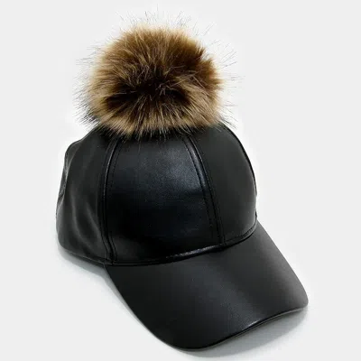 Fashnzfab Pom Pom Fur Faux Leather Baseball Cap In Pattern