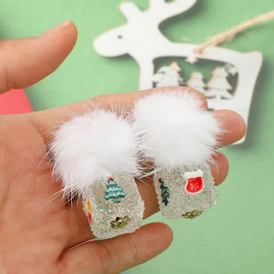 Fashnzfab Pom Pom Glittered Christmas Dice Dangle Earrings - White
