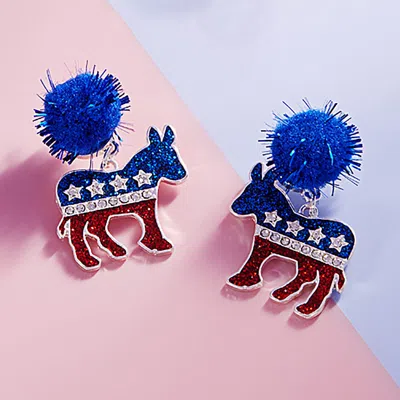 Fashnzfab Pom Pom Glittered Enamel Democrat Donkey Dangle Earrings In Blue