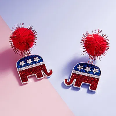 Fashnzfab Pom Pom Glittered Enamel Republican Elephant Dangle Earrings - Red