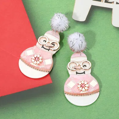 Fashnzfab Pom Pom Resin Christmas Snowman Dangle Earrings - Pink