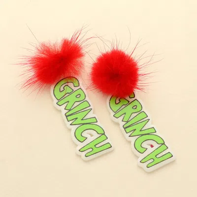 Fashnzfab Pom Pom Resin Grinch Message Drop Dangle Earrings - Red