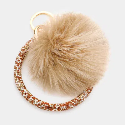 Fashnzfab Pom Pom Rhinestone Pave Bangle Keychain / Bracelet - Brown