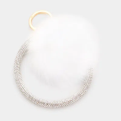 Fashnzfab Pom Pom Rhinestone Pave Bangle Keychain / Bracelet - White
