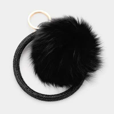 Fashnzfab Pom Pom Rhinestone Pave Bangle Keychain / Bracelet In Black