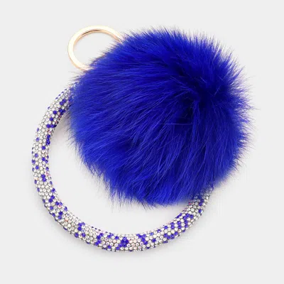 Fashnzfab Pom Pom Rhinestone Pave Bangle Keychain / Bracelet In Blue