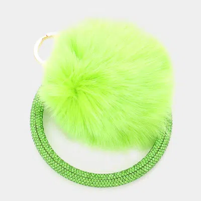 Fashnzfab Pom Pom Rhinestone Pave Bangle Keychain / Bracelet In Green