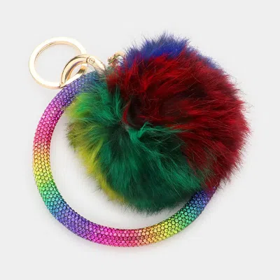 Fashnzfab Pom Pom Rhinestone Pave Bangle Keychain / Bracelet In Multi