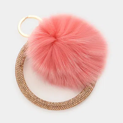 Fashnzfab Pom Pom Rhinestone Pave Bangle Keychain / Bracelet Peach In Pink