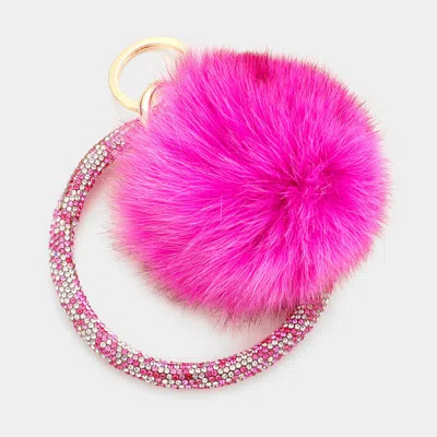 Fashnzfab Pom Pom Rhinestone Pave Bangle Keychain / Bracelet - Pink In Purple