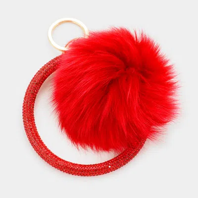 Fashnzfab Pom Pom Rhinestone Pave Bangle Keychain / Bracelet Red