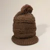 Fashnzfab Pom Pom Slouchy Knit Visor Winter Hat In Brown